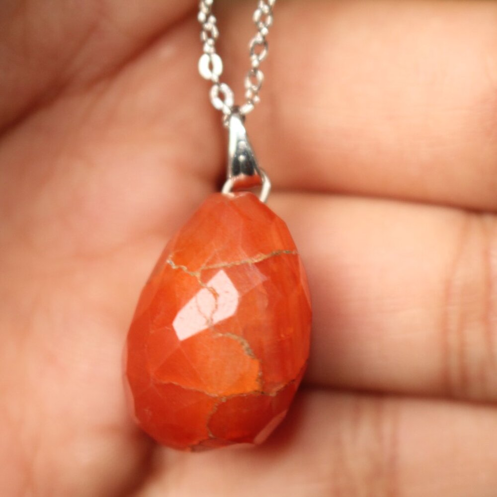 Faceted Orange Stone Healing Pendant – Elegant Teardrop Necklace - Picture 2 of 4